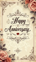 Elegant happy anniversary card with roses and ornate design