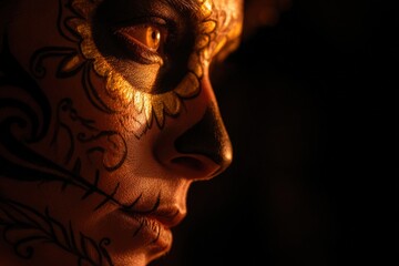 Close-up profile view of a person's face adorned with intricate, ornate, skull-face themed body art, showcasing detailed floral and decorative designs in gold and black hues against the warm, dark...