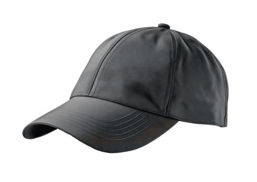 Dark gray baseball cap, smooth material,  curved brim