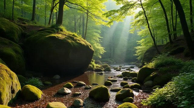 Tranquil forest glade with sunlit foliage and a large moss covered rock