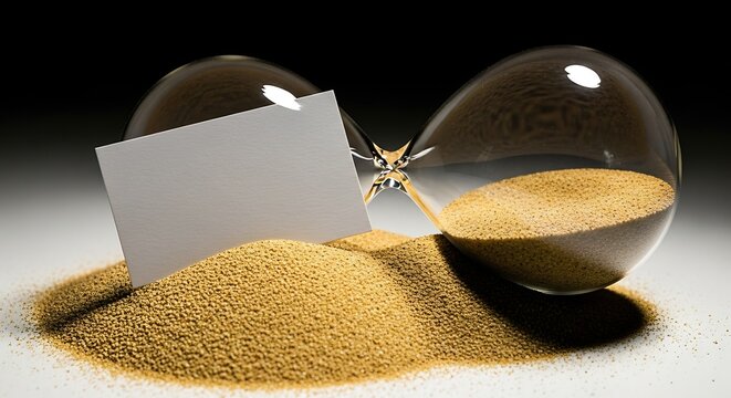 Conceptual business card mockup with a classic hourglass and flowing golden sand, representing deadlines, time management, and urgency