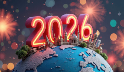 Glowing 2026 numbers hover above a miniature earth with cityscapes and fireworks