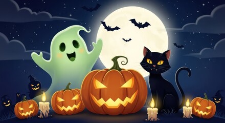Cute cartoon ghost and black cat with jackolanterns on a spooky night with full moon