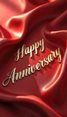 Elegant happy anniversary text on luxurious red satin fabric background
