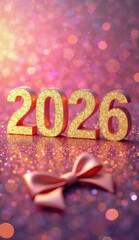 Golden 2026 numbers with pink ribbon and sparkling background