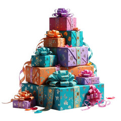 Obraz premium Towering stack of colorful wrapped presents with ribbons and bows for celebration and gifting transparent background