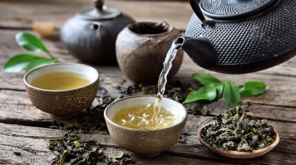 A serene scene showcasing the art of tea preparation, featuring a cast iron teapot pouring hot water into delicate cups, surrounded by loose tea leaves on rustic wooden table.