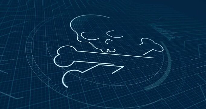 Skull piracy and cyberattack contour and outline 3d symbol on blueprint scheme background