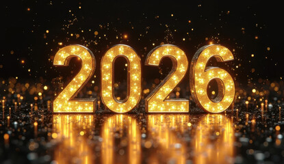 Golden 2026 numbers illuminated with lights and bokeh effects