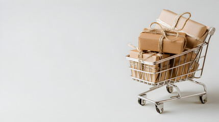 Abundant brown gift boxes neatly stacked inside a miniature shopping cart, ready for delivery or a special occasion.