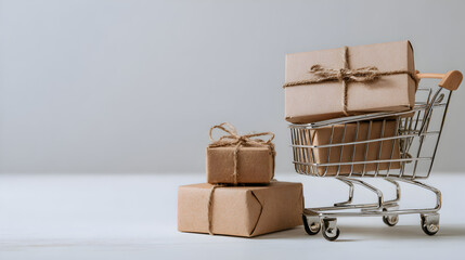 Convenient shopping cart filled with beautifully wrapped gift boxes, perfect for online retail and gifting promotions.