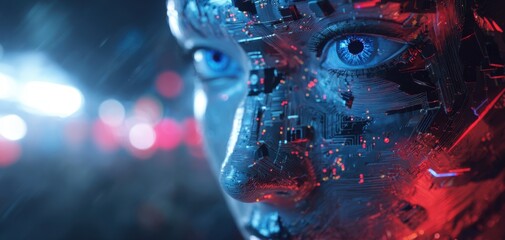 The cyborg face with glowing blue eye and futuristic circuitry in neon light
