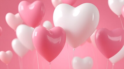 Heart shaped balloons in minimal style floating on gentle pink background