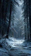 Serene winter forest path bathed in soft, ethereal light, inviting exploration through snow-covered trees