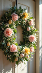 Beautiful spring easter wreath with flowers and eggs on a door