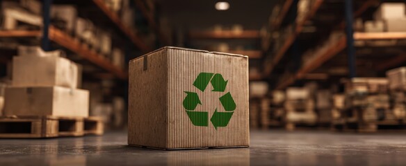 The cardboard box with green recycling symbol on warehouse floor among pallets