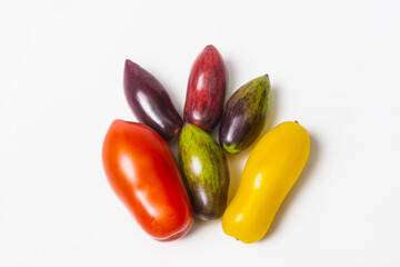 Tomatoes of different colors and varieties in the shape of a plum on a white background. Collection...