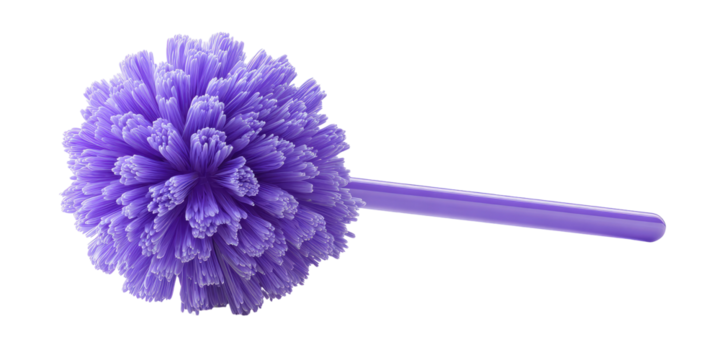 Purple, fluffy, spherical cleaning tool with a long handle