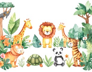 Fototapeta premium Cute cartoon safari animals in a lush jungle setting. Watercolor style