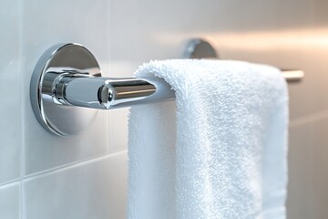 Fluffy white towel hangs neatly on a shiny chrome towel bar against a tiled wall