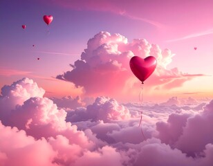Fototapeta premium Heart Balloons Above Cloudscape