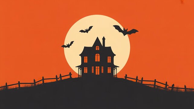 A spooky haunted house silhouette with bats flying in front of a full moon on halloween night