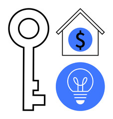 Key beside house icon with dollar sign and lightbulb on circular background. Ideal for real estate, investment, ideas, finance, innovation, business strategy, simple landing page