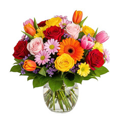 Fototapeta premium A stunning and vibrant bouquet of mixed flowers in a glass vase against a transparent background
