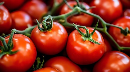 Fresh ripe red tomatoes on vine with green stems, close up macro shot showing natural texture and vibrant color. For food, cooking, and healthy lifestyle concepts.