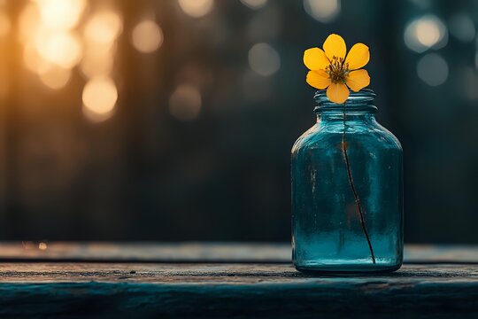 Single yellow buttercup flower in vintage blue glass bottle against blurred bokeh background with warm sunset light creating romantic nostalgic mood.