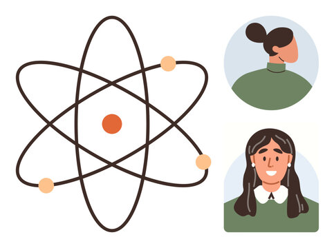 Atomic model with orbiting particles beside two female personas in simple profiles highlighting diversity. Ideal for STEM, diversity, education, teamwork, humanity, equality, research. Simple flat