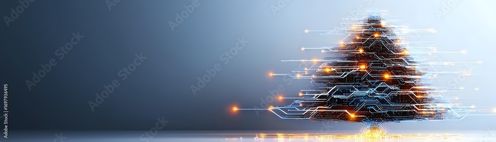 Poster digital christmas tree made of glowing circuit board patterns and light trails against dark backgrou