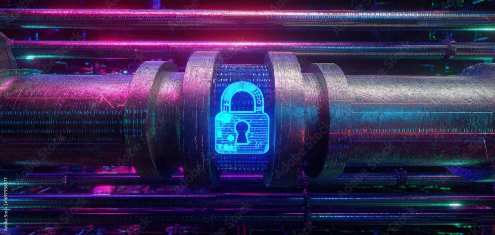 Poster the padlock on futuristic data pipes securing encrypted digital information flow
