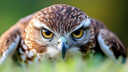 Obraz premium Close up portrait of fierce owl with piercing yellow eyes and sharp curved beak against blurred natural green background, showing intense predator gaze and detailed feathers.