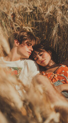 Young romantic couple lying close together in wheat field, soft sunlight, relaxed and peaceful mood, summer day, casual clothing, natural outdoor setting