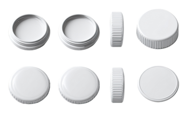 Nine white plastic lids, various views.  Different angles showcase the circular form,  ribbed edges, and smooth surface.  A light background isolates them