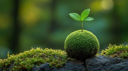Tiny sprout on mossy rock, natural light