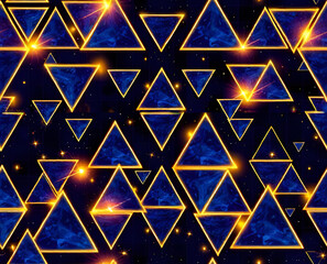 Futuristic glowing blue triangles with golden edges on dark background, abstract seamless pattern