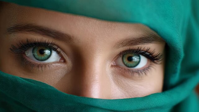 Close-up of the eyes of a woman in a hijab. The beautiful model opens her striking green eyes. Emotional and expressive footage.