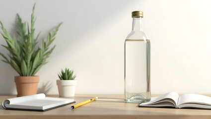 Obraz premium Aesthetic 3D Water Bottle Mockup on Wooden Surface with Stationery and Plant