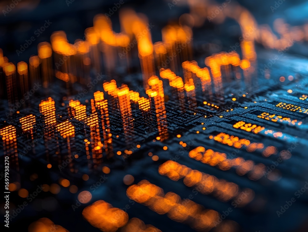 Poster abstract digital data visualization with glowing orange elements on a circuit board