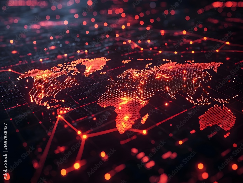 Poster a digital world map concept with glowing red connections and data points representing global connect