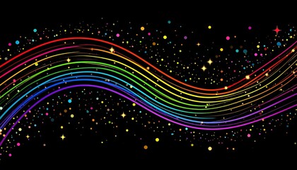 Colorful wavy lines on a black background with sparkling dots