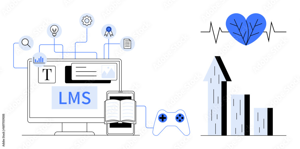 Aufkleber computer monitor labeled lms with book, game controller, icons for learning tools bar graph and eco 
