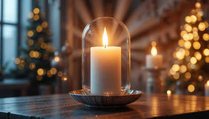 Glowing candle encased in glass sits on wooden table, creating warm and cozy atmosphere. background features blurred Christmas lights and decorated tree, enhancing festive mood