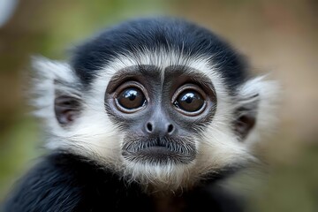 Close up portrait of young dusky leaf monkey with large expressive eyes and distinctive black and white facial markings against blurred natural background.