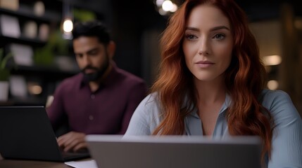 Young redhead woman working on laptop in modern office space with male coworker in background, professional business environment with soft bokeh lighting.