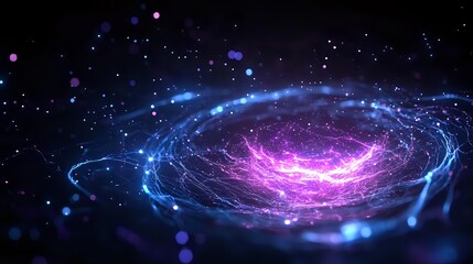Glowing spiral galaxy with vibrant pink and blue light trails against dark space background, cosmic energy streams and stardust creating mesmerizing celestial formation.