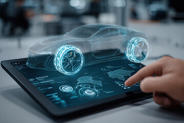 Neural hologram of an electric car on a mobile tablet. Artificial intelligence technologies in engineering. Electromobility e-motion concept