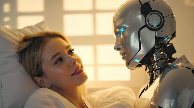 Futuristic cinematic video of a woman lying in bed facing a humanoid robot with glowing eyes sharing intimate eye contact and subtle smiles representing human machine connection and artificial intelli